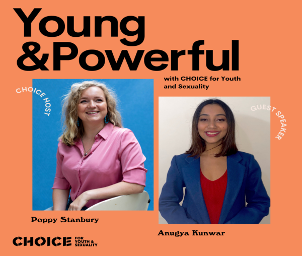 Orange graphic with black writing of Young and Powerful, with images of CHOICE host, and podcast guest